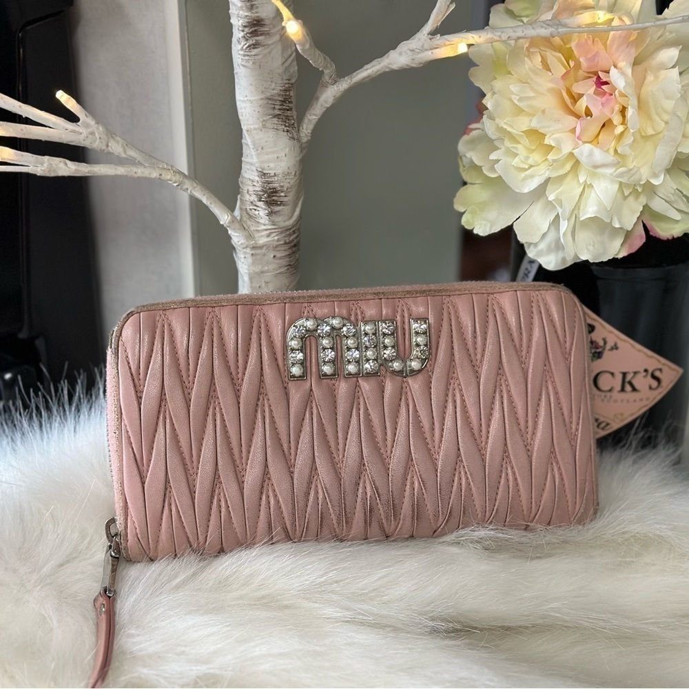 MIU MIU LOGO PEARL RHINESTONE MATELASSE LEATHER ZIPPY ZIP AROUND LONG WALLET